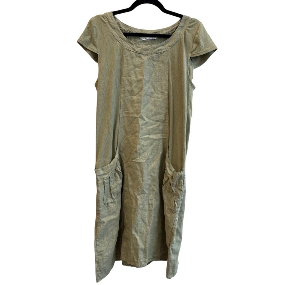 Luna‎ Luz Sage Green Linen Blend Midi Dress w/ Pockets Size M